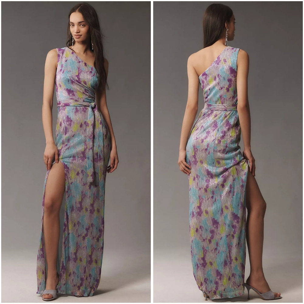 Dress The Population Metallic Floral Plisse Bella Maxi Dress Small New